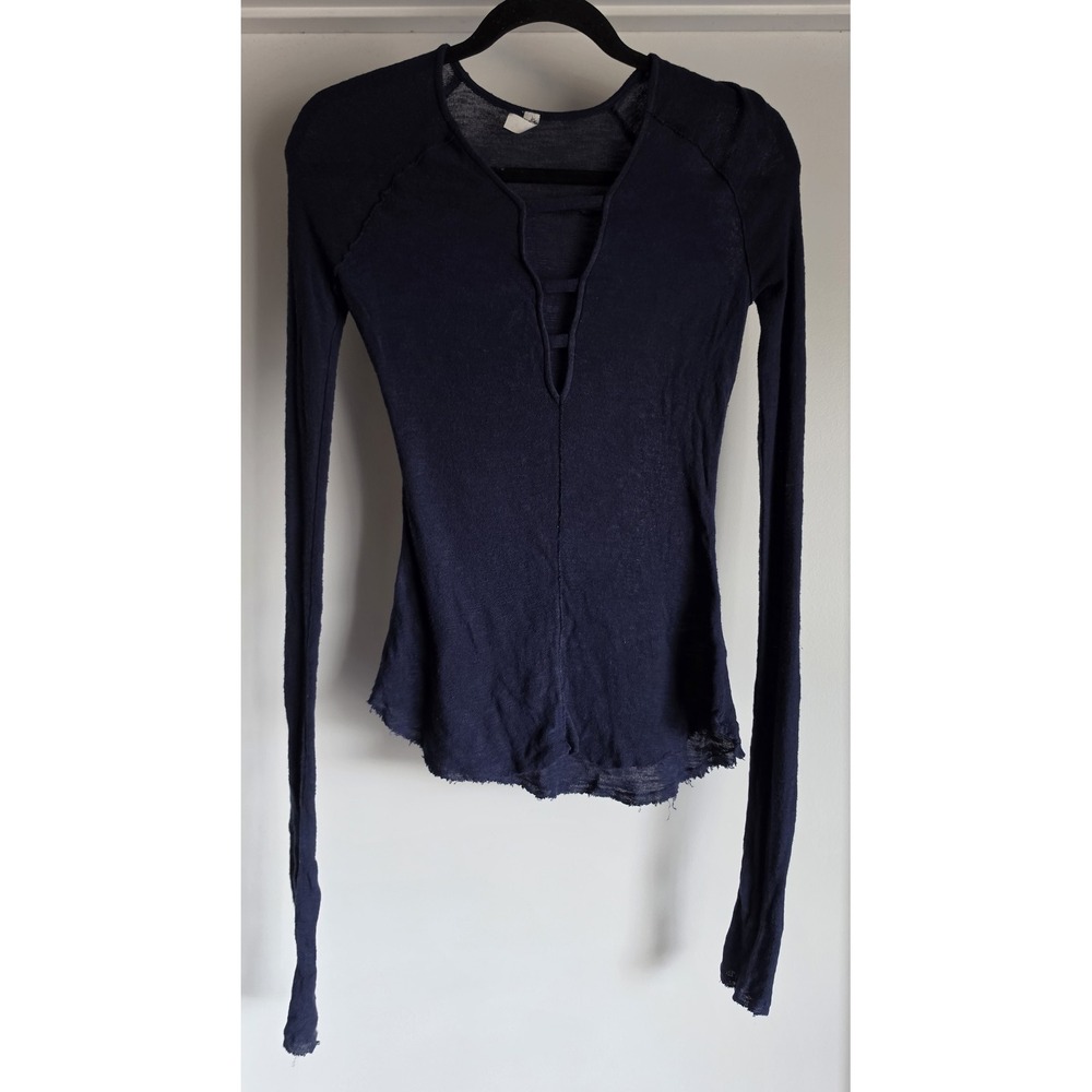 Free People Women Navy Collared Long Sleeve Blouse Top Shirt Tunic